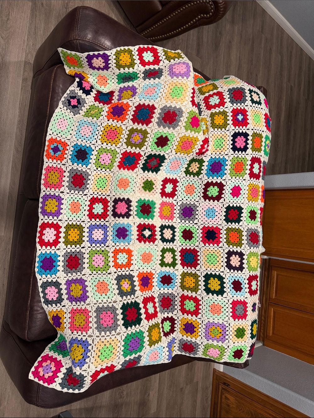 Handmade Multicolor Granny Square Crochet Throw Blanket - White Edging